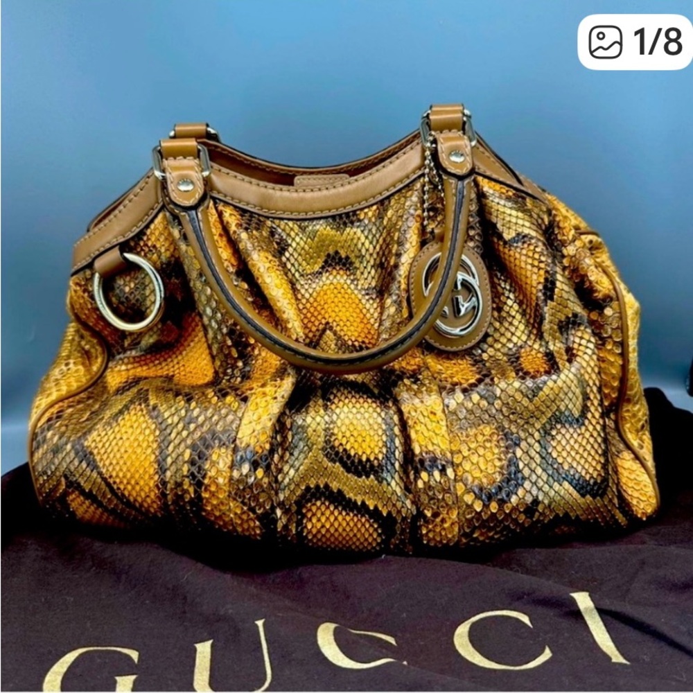 Gucci Gold and Brown Snake Print Shoulder Bag
